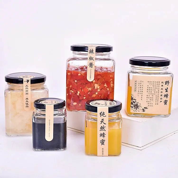 100ml 150ml 200ml 280ml 380ml Square Glass Bottle Sealed Cans Honey Packaging Pickles Bottles Canned Jar with Metal Screw Lid