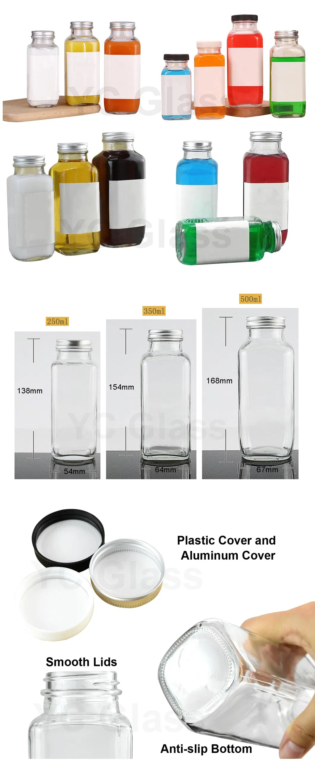 250ml 350ml 500ml Square Custom Clear Commercial Empty Glass Cold Press Coffee Beverage Juicy Fruit Juice Bottle