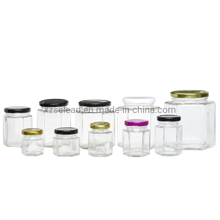 280ml 380ml Hexagon Pickles Jar Honey Jam Food Storage Jar with Silver Color Cap