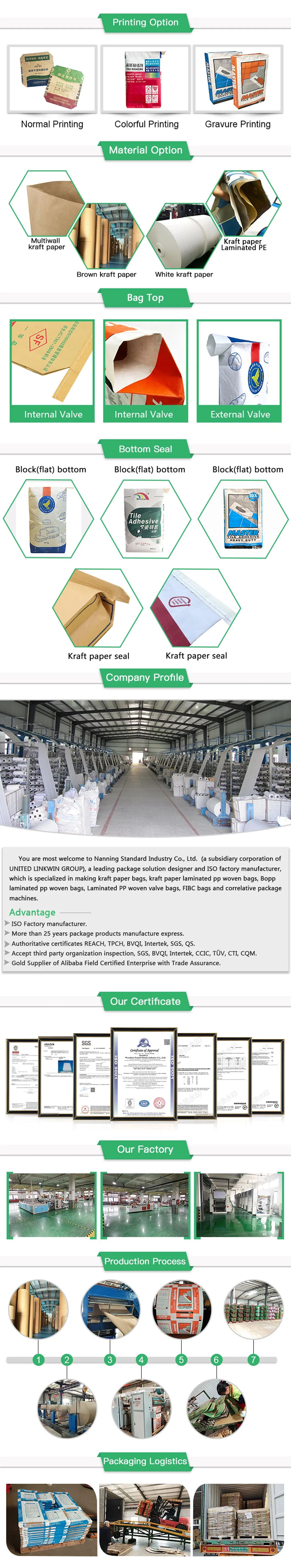 Automatic Filling Kraft Paper BOPP Laminated Paper Ceramic Tile Glue Cement Valve Bags