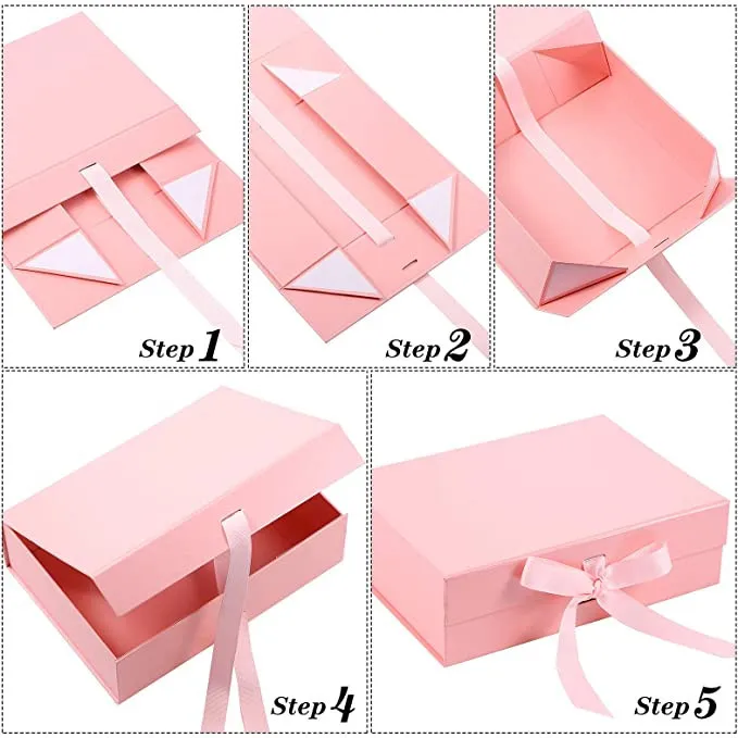 Factory Custom Luxury Pink Favor Ribbon Box Gift Foldable Gift Box Package with Ribbon Closure Handle and Bow Gift Bo