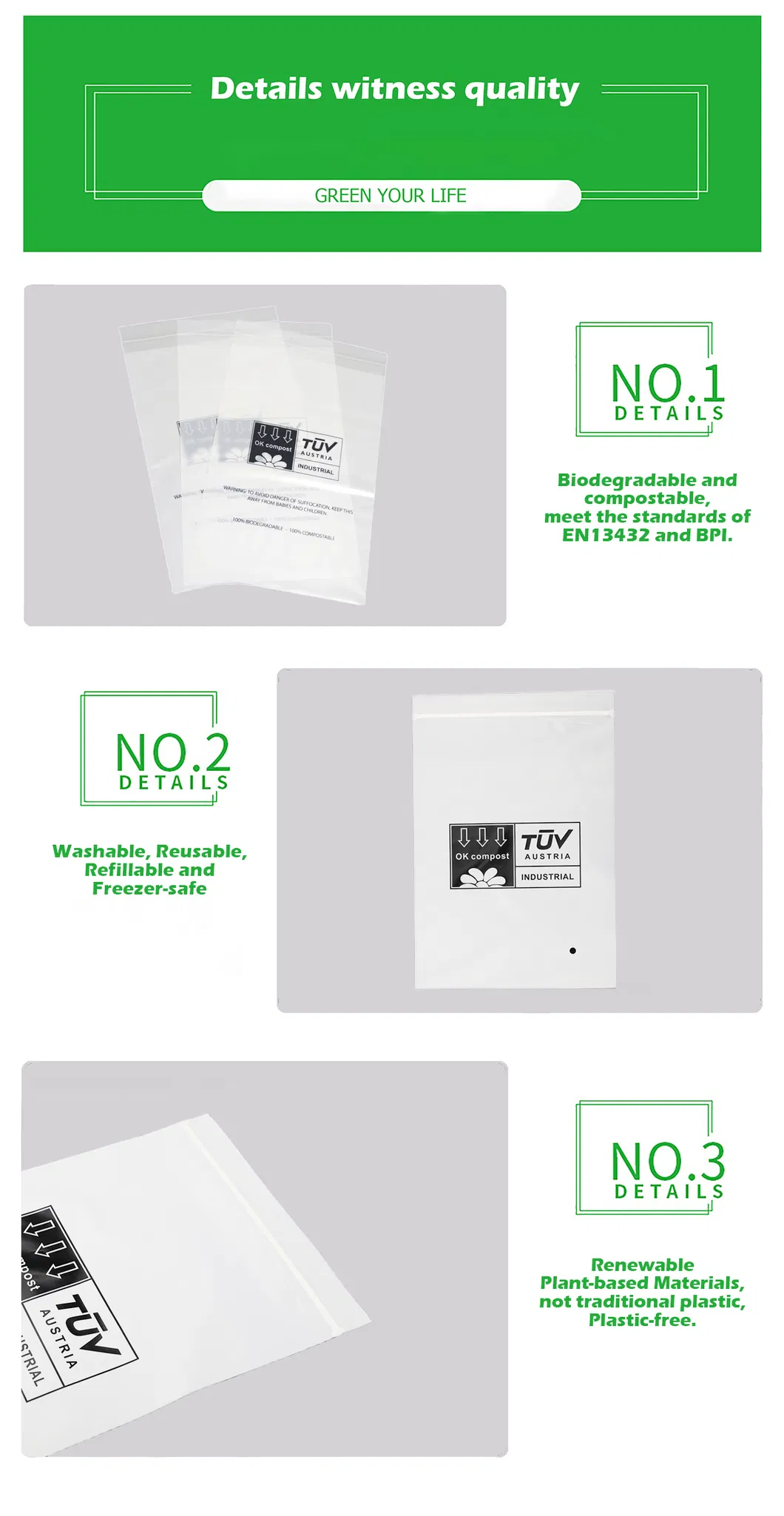 Hot 100% Compostable Packaging Bags, Biodegradable Zipper Bag, Ziplock Bag, Resealable Packaging Bag, Garment Bag, Household Storage Bag, Clothes packaging Bag