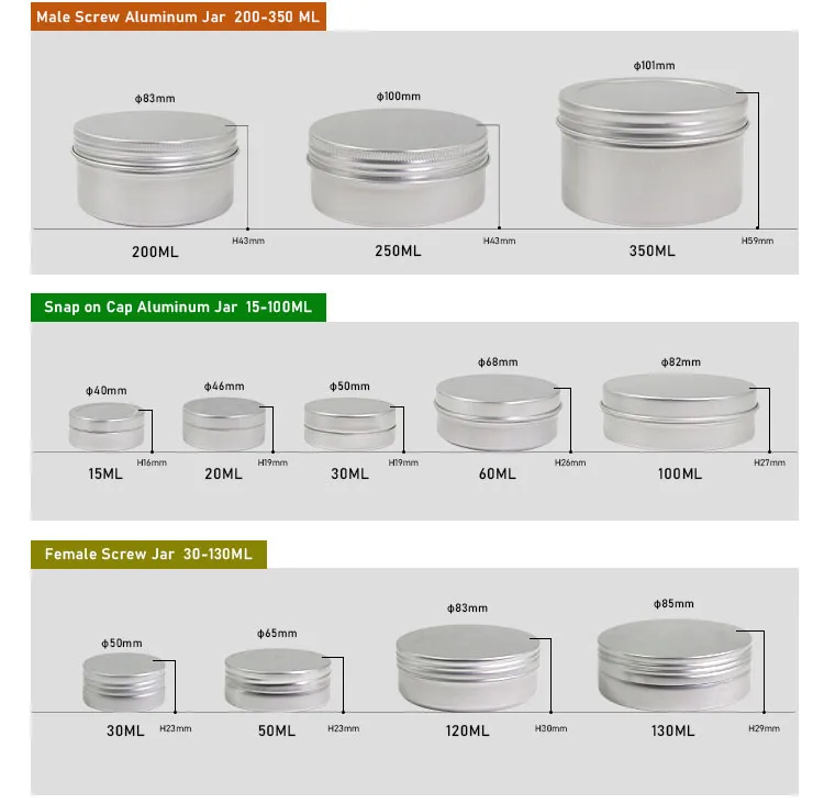 in Stock 5g 10g 20g 25g 30g 40g 50g 60g 80g 100g 200g 250g 350g 500g 750g 1000g Jar Aluminum Jar for Cosmetic