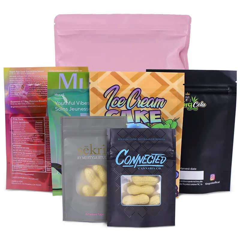 Thermal Laminating Food Grade Pouch Sweet Candy Sugar Snack Standup with Zipper Aluminium Foil Resealable Popcorn Bags Food Packaging Pink Plastic Matte Bag