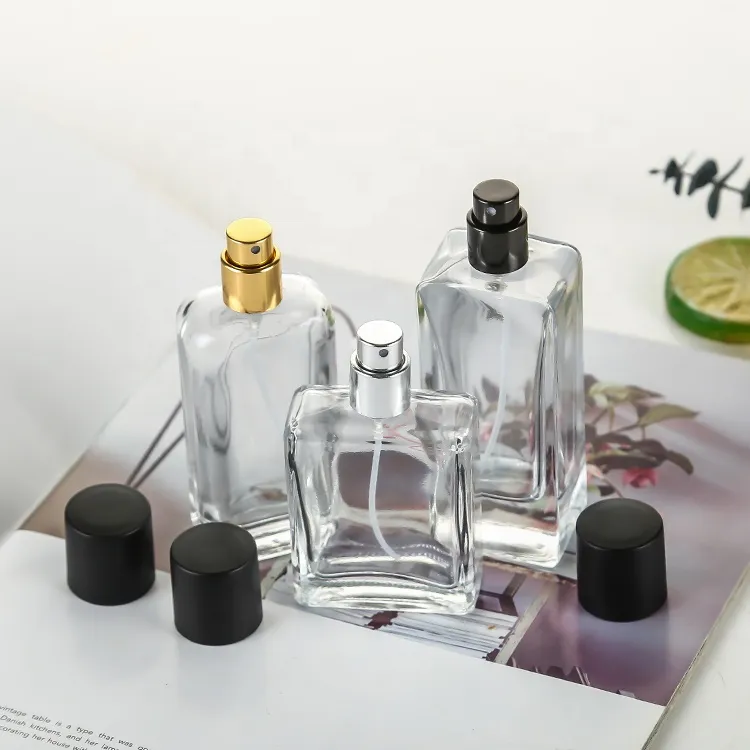 Transparent Perfume Glass Bottle 50ml with Sprayer Rectangular Bottle