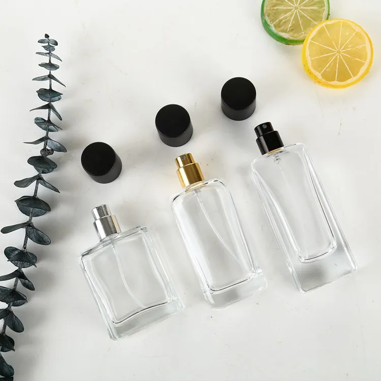Transparent Perfume Glass Bottle 50ml with Sprayer Rectangular Bottle