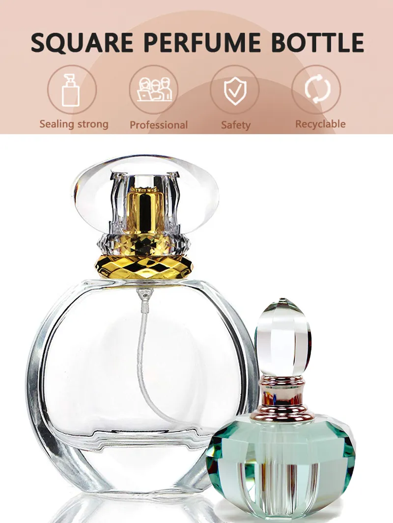 Wholesale 30ml 50ml Empty Flint Glass Flat Refillable Perfume Bottles with Spray Atomizer