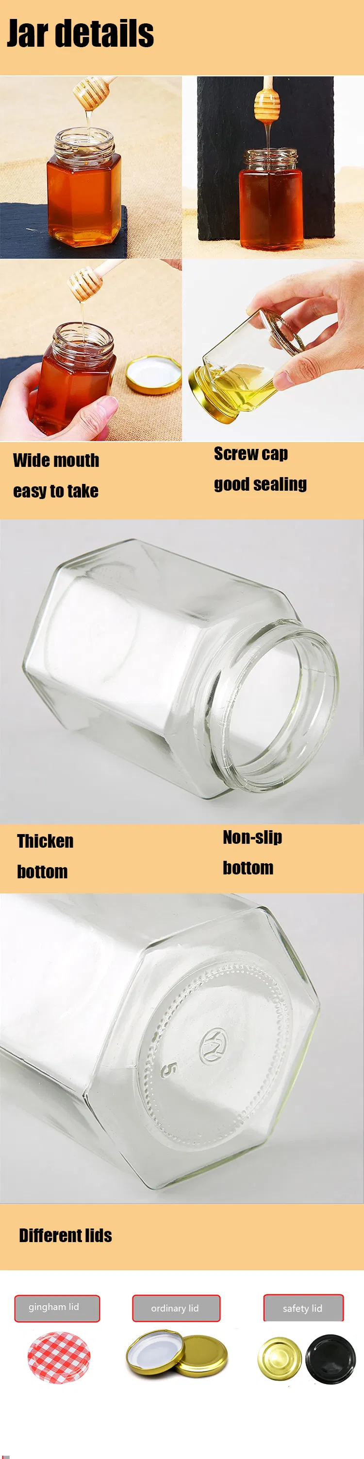 Wholesale 45ml 120ml 190ml Clear Hexagon Mini Candy Jelly Glass Honey Jar
